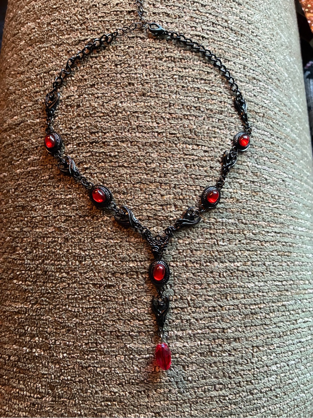 Vintage-Inspired Black Necklace with Red Glass Stones gothic necklace.